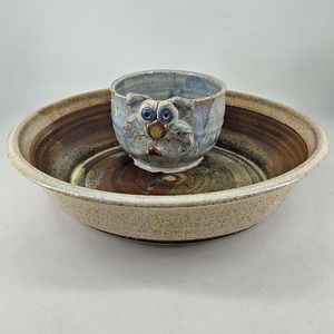 Studio Art Pottery Large Chip Dip Snack Platter Dog shaped Bowl attached